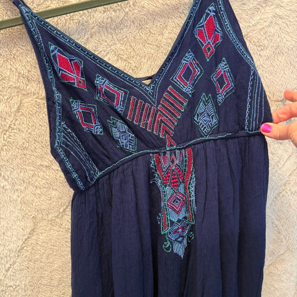 Japna Navy Blue Embroidered Boho Maxi Dress Womens Small festival resort summer